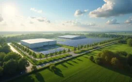 Weitläufige, sonnendurchflutete Industrielandschaft im Nordosten Deutschlands mit einem modernen, energieeffizienten Hyperscale-Campus und angrenzenden großflächigen Batteriespeicheranlagen, die in einem harmonischen Zusammenspiel von grüner Technologie und nachhaltiger Infrastruktur strahlen, während Mitarbeiter im Hintergrund in leichter Bewegung die innovative Zukunft Europas gestalten – ein strahlendes Sinnbild für Fortschritt und klimafreundliche Digitalisierung.