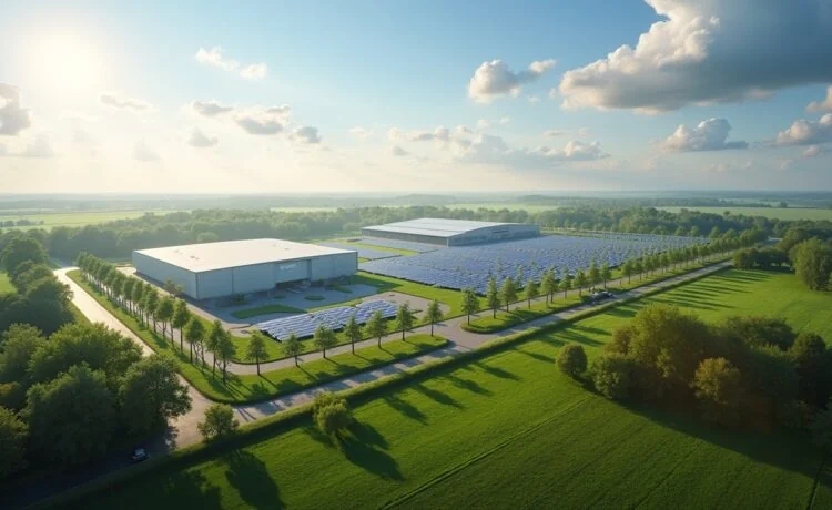 Weitläufige, sonnendurchflutete Industrielandschaft im Nordosten Deutschlands mit einem modernen, energieeffizienten Hyperscale-Campus und angrenzenden großflächigen Batteriespeicheranlagen, die in einem harmonischen Zusammenspiel von grüner Technologie und nachhaltiger Infrastruktur strahlen, während Mitarbeiter im Hintergrund in leichter Bewegung die innovative Zukunft Europas gestalten – ein strahlendes Sinnbild für Fortschritt und klimafreundliche Digitalisierung.