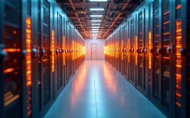 Ein warm beleuchtetes, modernes Rechenzentrum mit sanft strahlenden Serverracks und dezentem Fokus auf futuristische, kryogene Kühltechnik, in natürlichem Tageslicht eingefangen, vermittelt Fortschritt und Innovation im Zeitalter des Quantencomputings.