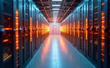 Ein warm beleuchtetes, modernes Rechenzentrum mit sanft strahlenden Serverracks und dezentem Fokus auf futuristische, kryogene Kühltechnik, in natürlichem Tageslicht eingefangen, vermittelt Fortschritt und Innovation im Zeitalter des Quantencomputings.