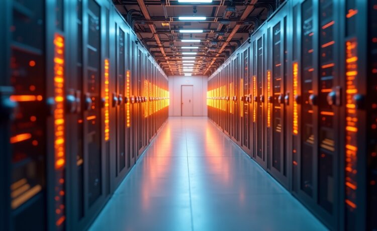 Ein warm beleuchtetes, modernes Rechenzentrum mit sanft strahlenden Serverracks und dezentem Fokus auf futuristische, kryogene Kühltechnik, in natürlichem Tageslicht eingefangen, vermittelt Fortschritt und Innovation im Zeitalter des Quantencomputings.