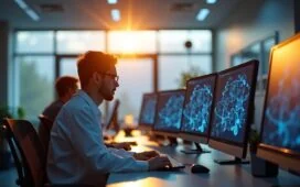 In einem hell erleuchteten, modernen Labor sitzen Forschende konzentriert an hochwertigen Computern mit klar sichtbaren Molekülmodellen auf den Bildschirmen, während warmes Tageslicht durch große Fenster fällt und eine Atmosphäre von Hoffnung, Innovation und zukunftsweisender Wissenschaft schafft.