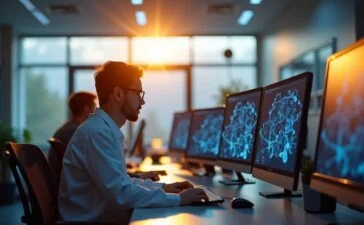 In einem hell erleuchteten, modernen Labor sitzen Forschende konzentriert an hochwertigen Computern mit klar sichtbaren Molekülmodellen auf den Bildschirmen, während warmes Tageslicht durch große Fenster fällt und eine Atmosphäre von Hoffnung, Innovation und zukunftsweisender Wissenschaft schafft.