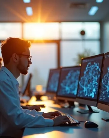 In einem hell erleuchteten, modernen Labor sitzen Forschende konzentriert an hochwertigen Computern mit klar sichtbaren Molekülmodellen auf den Bildschirmen, während warmes Tageslicht durch große Fenster fällt und eine Atmosphäre von Hoffnung, Innovation und zukunftsweisender Wissenschaft schafft.