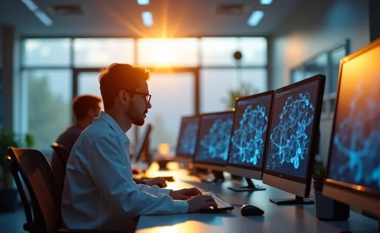 In einem hell erleuchteten, modernen Labor sitzen Forschende konzentriert an hochwertigen Computern mit klar sichtbaren Molekülmodellen auf den Bildschirmen, während warmes Tageslicht durch große Fenster fällt und eine Atmosphäre von Hoffnung, Innovation und zukunftsweisender Wissenschaft schafft.