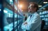 In einem modernen Forschungszentrum strahlt natürliches Tageslicht auf einen konzentrierten deutschen Wissenschaftler, der lächelnd vor hochkomplexer Quantenhardware steht, umgeben von filigraner Technik und dezenten Farbnuancen, die eine warme, zukunftsweisende Atmosphäre voller Innovation und Stolz vermitteln.
