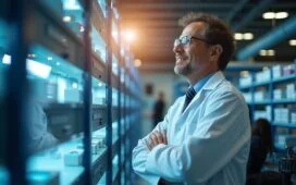 In einem modernen Forschungszentrum strahlt natürliches Tageslicht auf einen konzentrierten deutschen Wissenschaftler, der lächelnd vor hochkomplexer Quantenhardware steht, umgeben von filigraner Technik und dezenten Farbnuancen, die eine warme, zukunftsweisende Atmosphäre voller Innovation und Stolz vermitteln.