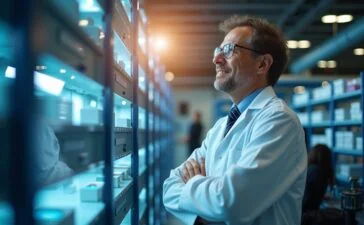 In einem modernen Forschungszentrum strahlt natürliches Tageslicht auf einen konzentrierten deutschen Wissenschaftler, der lächelnd vor hochkomplexer Quantenhardware steht, umgeben von filigraner Technik und dezenten Farbnuancen, die eine warme, zukunftsweisende Atmosphäre voller Innovation und Stolz vermitteln.