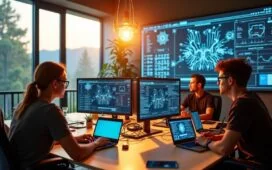 Ein hell erleuchtetes modernes Arbeitszimmer mit einem jungen Entwicklerteam in entspannter Atmosphäre, umgeben von futuristischen Bildschirmen, Quantenchips und Skizzen, die den spannenden Fortschritt und die greifbare Hoffnung auf Quantum Advantage symbolisieren – warmes Tageslicht fällt durch große Fenster und verleiht der Szene eine freundliche, motivierende Stimmung.