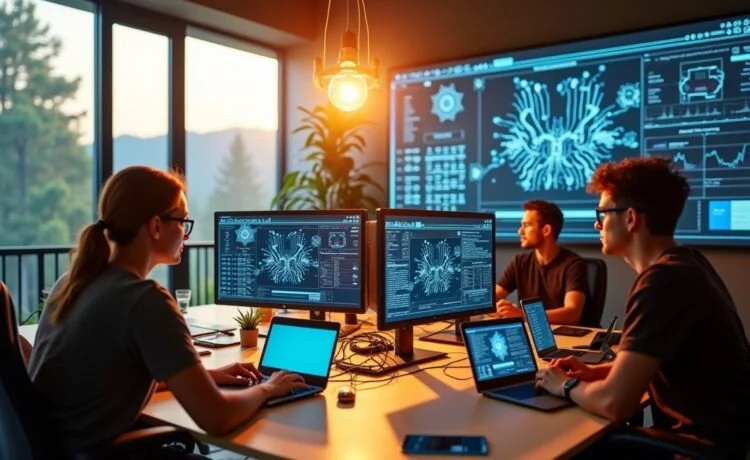 Ein hell erleuchtetes modernes Arbeitszimmer mit einem jungen Entwicklerteam in entspannter Atmosphäre, umgeben von futuristischen Bildschirmen, Quantenchips und Skizzen, die den spannenden Fortschritt und die greifbare Hoffnung auf Quantum Advantage symbolisieren – warmes Tageslicht fällt durch große Fenster und verleiht der Szene eine freundliche, motivierende Stimmung.