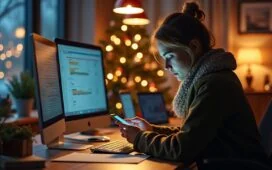 Ein hell erleuchteter Büroarbeitsplatz an einem sonnigen Wintermorgen, mit einer Person, die konzentriert und sicher ein Smartphone prüft, während warmes Tageslicht sanft über moderne Technik und Weihnachtsdekorationen fällt, und so eine Atmosphäre von Achtsamkeit und digitaler Vorsicht vermittelt.