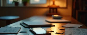 Ein warm erleuchteter, moderner Arbeitsplatz mit einem Smartphone im Fokus, umgeben von dezenten Halbleiter-Chips und aufgeschlagenen Notizbüchern, der die angespannte, aber optimistische Stimmung der weltweiten RAM-Krise 2026 in der Smartphone-Industrie einfängt.