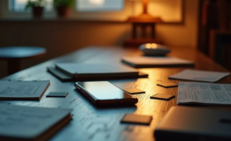 Ein warm erleuchteter, moderner Arbeitsplatz mit einem Smartphone im Fokus, umgeben von dezenten Halbleiter-Chips und aufgeschlagenen Notizbüchern, der die angespannte, aber optimistische Stimmung der weltweiten RAM-Krise 2026 in der Smartphone-Industrie einfängt.