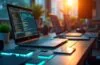 Ein hell erleuchteter, moderner Arbeitsplatz mit offener Laptopansicht auf digitale Schaltkreise und RAM-Module, umgeben von warmem Tageslicht, das eine konzentrierte, positive Atmosphäre der Innovationskraft und Entwicklung in der Gaming- und Technikbranche vermittelt.