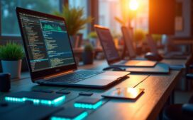 Ein hell erleuchteter, moderner Arbeitsplatz mit offener Laptopansicht auf digitale Schaltkreise und RAM-Module, umgeben von warmem Tageslicht, das eine konzentrierte, positive Atmosphäre der Innovationskraft und Entwicklung in der Gaming- und Technikbranche vermittelt.