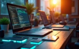 Ein hell erleuchteter, moderner Arbeitsplatz mit offener Laptopansicht auf digitale Schaltkreise und RAM-Module, umgeben von warmem Tageslicht, das eine konzentrierte, positive Atmosphäre der Innovationskraft und Entwicklung in der Gaming- und Technikbranche vermittelt.