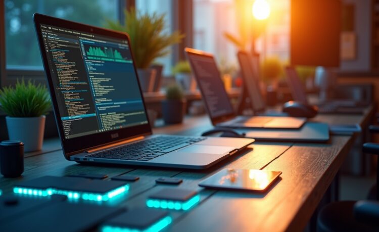 Ein hell erleuchteter, moderner Arbeitsplatz mit offener Laptopansicht auf digitale Schaltkreise und RAM-Module, umgeben von warmem Tageslicht, das eine konzentrierte, positive Atmosphäre der Innovationskraft und Entwicklung in der Gaming- und Technikbranche vermittelt.