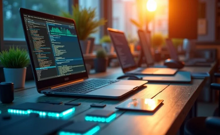 Ein hell erleuchteter, moderner Arbeitsplatz mit offener Laptopansicht auf digitale Schaltkreise und RAM-Module, umgeben von warmem Tageslicht, das eine konzentrierte, positive Atmosphäre der Innovationskraft und Entwicklung in der Gaming- und Technikbranche vermittelt.