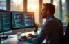 In einem hell erleuchteten, modernen Büro sitzt ein konzentrierter IT-Sicherheitsexperte vor mehreren Bildschirmen mit komplexen Code- und Netzwerkdarstellungen, während warmes Tageslicht durch große Fenster fällt und eine Atmosphäre von Entschlossenheit und Zuversicht erzeugt.