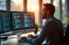 In einem hell erleuchteten, modernen Büro sitzt ein konzentrierter IT-Sicherheitsexperte vor mehreren Bildschirmen mit komplexen Code- und Netzwerkdarstellungen, während warmes Tageslicht durch große Fenster fällt und eine Atmosphäre von Entschlossenheit und Zuversicht erzeugt.