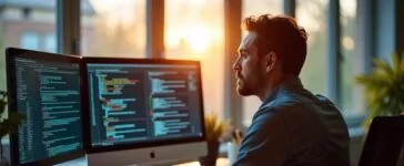 In einem hell erleuchteten, modernen Büro sitzt ein konzentrierter IT-Sicherheitsexperte vor mehreren Bildschirmen mit komplexen Code- und Netzwerkdarstellungen, während warmes Tageslicht durch große Fenster fällt und eine Atmosphäre von Entschlossenheit und Zuversicht erzeugt.