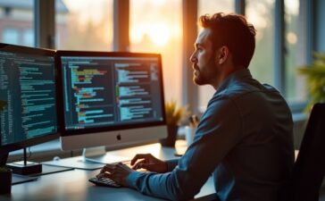 In einem hell erleuchteten, modernen Büro sitzt ein konzentrierter IT-Sicherheitsexperte vor mehreren Bildschirmen mit komplexen Code- und Netzwerkdarstellungen, während warmes Tageslicht durch große Fenster fällt und eine Atmosphäre von Entschlossenheit und Zuversicht erzeugt.