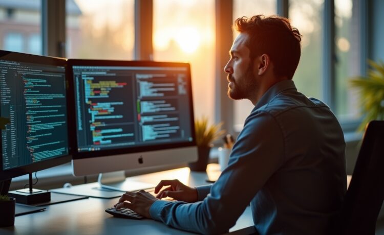 In einem hell erleuchteten, modernen Büro sitzt ein konzentrierter IT-Sicherheitsexperte vor mehreren Bildschirmen mit komplexen Code- und Netzwerkdarstellungen, während warmes Tageslicht durch große Fenster fällt und eine Atmosphäre von Entschlossenheit und Zuversicht erzeugt.