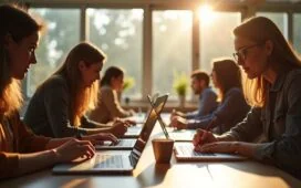 Eine helle, einladende Szene in einem modernen, lichtdurchfluteten Arbeitsraum, in dem motivierte Menschen unterschiedlicher Altersgruppen mit Laptops und Notizbüchern konzentriert und freundlich miteinander lernen, während natürliche Sonnenstrahlen die warme Atmosphäre unterstreichen und der Fokus auf gemeinsames Entdecken von KI-Wissen liegt.