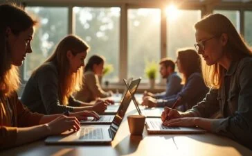 Eine helle, einladende Szene in einem modernen, lichtdurchfluteten Arbeitsraum, in dem motivierte Menschen unterschiedlicher Altersgruppen mit Laptops und Notizbüchern konzentriert und freundlich miteinander lernen, während natürliche Sonnenstrahlen die warme Atmosphäre unterstreichen und der Fokus auf gemeinsames Entdecken von KI-Wissen liegt.