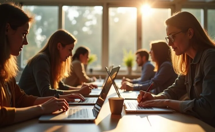 Eine helle, einladende Szene in einem modernen, lichtdurchfluteten Arbeitsraum, in dem motivierte Menschen unterschiedlicher Altersgruppen mit Laptops und Notizbüchern konzentriert und freundlich miteinander lernen, während natürliche Sonnenstrahlen die warme Atmosphäre unterstreichen und der Fokus auf gemeinsames Entdecken von KI-Wissen liegt.