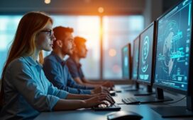 Ein sonnendurchflutetes Kontrollzentrum mit konzentrierten Ingenieurinnen und Ingenieuren vor großen Bildschirmen, die satellitengestützte Cybersecurity-Systeme überwachen, während warme Tageslichtstrahlen die moderne Hightech-Umgebung freundlich und lebendig erhellen.