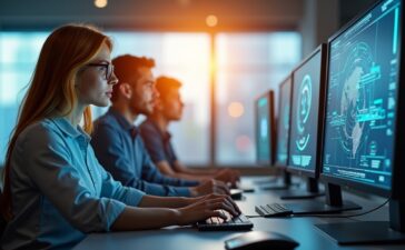 Ein sonnendurchflutetes Kontrollzentrum mit konzentrierten Ingenieurinnen und Ingenieuren vor großen Bildschirmen, die satellitengestützte Cybersecurity-Systeme überwachen, während warme Tageslichtstrahlen die moderne Hightech-Umgebung freundlich und lebendig erhellen.