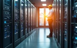 Ein lichtdurchfluteter, moderner Serverraum mit klaren Reihen funktionsfähiger Rechner und sanft warmem Tageslicht, das eine konzentrierte IT-Fachkraft in professioneller Arbeitskleidung zeigt, wie sie aufmerksam ein hochentwickeltes Fehlerstromüberwachungssystem prüft – ein Bild voller technischer Präzision und vertrauensvoller Sicherheit für die digitale Infrastruktur.