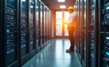 Ein lichtdurchfluteter, moderner Serverraum mit klaren Reihen funktionsfähiger Rechner und sanft warmem Tageslicht, das eine konzentrierte IT-Fachkraft in professioneller Arbeitskleidung zeigt, wie sie aufmerksam ein hochentwickeltes Fehlerstromüberwachungssystem prüft – ein Bild voller technischer Präzision und vertrauensvoller Sicherheit für die digitale Infrastruktur.