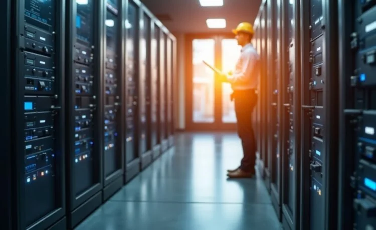 Ein lichtdurchfluteter, moderner Serverraum mit klaren Reihen funktionsfähiger Rechner und sanft warmem Tageslicht, das eine konzentrierte IT-Fachkraft in professioneller Arbeitskleidung zeigt, wie sie aufmerksam ein hochentwickeltes Fehlerstromüberwachungssystem prüft – ein Bild voller technischer Präzision und vertrauensvoller Sicherheit für die digitale Infrastruktur.