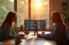 Ein strahlend heller, natürlicher Arbeitsplatz mit fokussierten Softwareentwicklern, die in entspannter, vertrauensvoller Atmosphäre vor mehreren Bildschirmen komplexe React-Codes analysieren und Sicherheitsupdates diskutieren, während warme Sonnenstrahlen sanft durch große Fenster fallen und den Raum mit lebendiger Energie erfüllen.