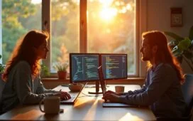 Ein strahlend heller, natürlicher Arbeitsplatz mit fokussierten Softwareentwicklern, die in entspannter, vertrauensvoller Atmosphäre vor mehreren Bildschirmen komplexe React-Codes analysieren und Sicherheitsupdates diskutieren, während warme Sonnenstrahlen sanft durch große Fenster fallen und den Raum mit lebendiger Energie erfüllen.