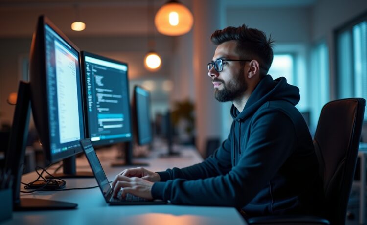 Ein hell erleuchtetes, modernes Büro mit einem fokussierten Entwickler vor mehreren Bildschirmen, der konzentriert an der Absicherung von Servern arbeitet, umgeben von warmem Tageslicht und einem aufgeräumten, technologisch inspirierenden Arbeitsplatz, der Vertrauen und Handlungsbereitschaft ausstrahlt.