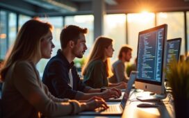 Ein lichtdurchflutetes, modernes Büro mit aufmerksam arbeitenden Entwickler:innen vor großen Bildschirmen, die konzentriert an farbenfrohen Codezeilen in React und TypeScript tüfteln, umgeben von warmem Tageslicht und einer einladenden, kollegialen Atmosphäre.