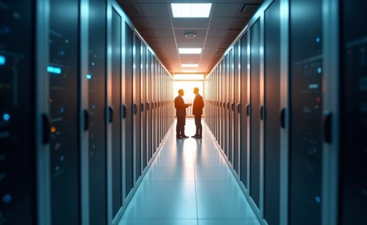 Ein hell erleuchteter, moderner Serverraum in sanftem Tageslicht, in dem konzentrierte IT-Profis zwischen glänzenden Hochleistungsrechnern ruhige Gespräche führen und so den dynamischen Wandel der Rechenzentren zwischen technologischem Fortschritt und wirtschaftlicher Herausforderung symbolisieren.