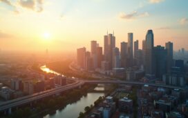 Ein strahlendes, realistisch eingefangenes Stadtpanorama von Frankfurt am Main bei klarem Tageslicht, das moderne Rechenzentren und urbanes Umfeld harmonisch verbindet, während warme Sonnenstrahlen die Fassaden beleuchten und so eine einladende Atmosphäre für das digitale Herz der Rhein-Main-Region schaffen.