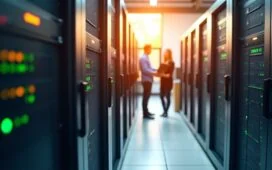 Ein sonnenlichtdurchfluteter, moderner Serverraum mit akkuraten, farblich markierten Glasfaserkabeln in präziser Anordnung, in dem engagierte IT-Profis bei natürlichem Licht konzentriert und freundlich zusammenarbeiten, während sanfte warme Farbnuancen eine Atmosphäre von Innovation, Klarheit und zukunftsweisender Effizienz schaffen.