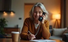 Ein warm beleuchtetes, natürliches Szenario zeigt eine sympathische ältere Frau am Telefon, die mit konzentrierter, aber zuversichtlicher Miene wichtige Informationen prüft, während im Hintergrund ein moderner Wohnraum für Geborgenheit und Sicherheit sorgt – ein Bild voller Vertrauen und Achtsamkeit im Umgang mit unerwünschten Anrufen.