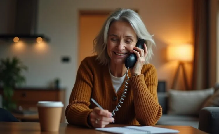 Ein warm beleuchtetes, natürliches Szenario zeigt eine sympathische ältere Frau am Telefon, die mit konzentrierter, aber zuversichtlicher Miene wichtige Informationen prüft, während im Hintergrund ein moderner Wohnraum für Geborgenheit und Sicherheit sorgt – ein Bild voller Vertrauen und Achtsamkeit im Umgang mit unerwünschten Anrufen.