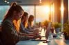 Ein hell erleuchtetes modernes Büro mit Entwicklerinnen und Entwicklern, die konzentriert an Laptops mit Code arbeiten, während warme Sonnenstrahlen durch große Fenster fluten und eine Atmosphäre von Kooperation, technologischem Fortschritt und vertrauensvoller IT-Sicherheit vermitteln.
