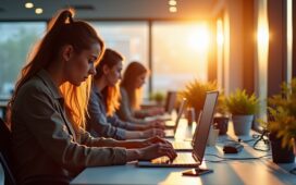 Ein hell erleuchtetes modernes Büro mit Entwicklerinnen und Entwicklern, die konzentriert an Laptops mit Code arbeiten, während warme Sonnenstrahlen durch große Fenster fluten und eine Atmosphäre von Kooperation, technologischem Fortschritt und vertrauensvoller IT-Sicherheit vermitteln.