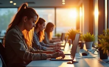 Ein hell erleuchtetes modernes Büro mit Entwicklerinnen und Entwicklern, die konzentriert an Laptops mit Code arbeiten, während warme Sonnenstrahlen durch große Fenster fluten und eine Atmosphäre von Kooperation, technologischem Fortschritt und vertrauensvoller IT-Sicherheit vermitteln.