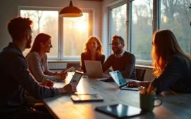 In einem hell erleuchteten, modernen Kreativstudio diskutiert ein vielfältiges Team motiviert und lächelnd umgeben von Bildschirmen und Tablets, die innovative KI-Tools zeigen, während warmes Tageslicht durch große Fenster strömt und eine Atmosphäre voller Inspiration und Zukunftsoptimismus schafft.