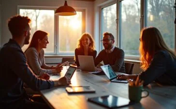 In einem hell erleuchteten, modernen Kreativstudio diskutiert ein vielfältiges Team motiviert und lächelnd umgeben von Bildschirmen und Tablets, die innovative KI-Tools zeigen, während warmes Tageslicht durch große Fenster strömt und eine Atmosphäre voller Inspiration und Zukunftsoptimismus schafft.