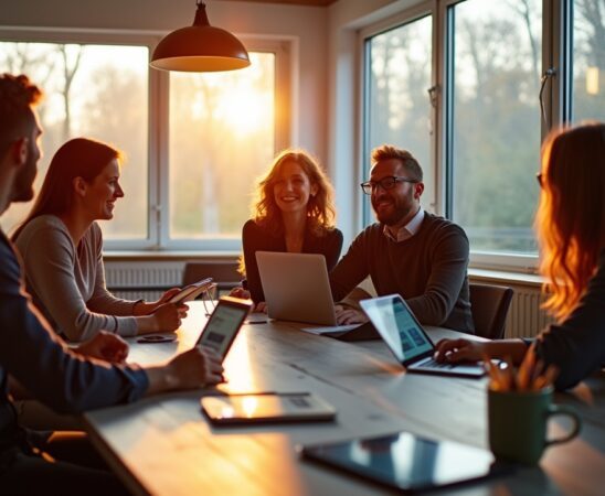 In einem hell erleuchteten, modernen Kreativstudio diskutiert ein vielfältiges Team motiviert und lächelnd umgeben von Bildschirmen und Tablets, die innovative KI-Tools zeigen, während warmes Tageslicht durch große Fenster strömt und eine Atmosphäre voller Inspiration und Zukunftsoptimismus schafft.